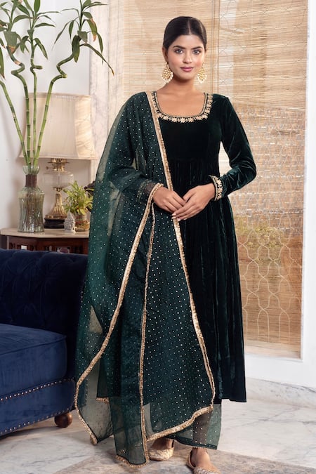Buy_Rivaaj Clothing_Green Organza, Velvet Mirrors, Fringe Round Neck Floral Gota Patti Anarkali Set _Online_at_Aza_Fashions