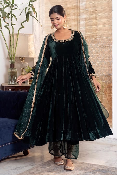 Shop_Rivaaj Clothing_Green Organza, Velvet Mirrors, Fringe Round Neck Floral Gota Patti Anarkali Set _Online_at_Aza_Fashions