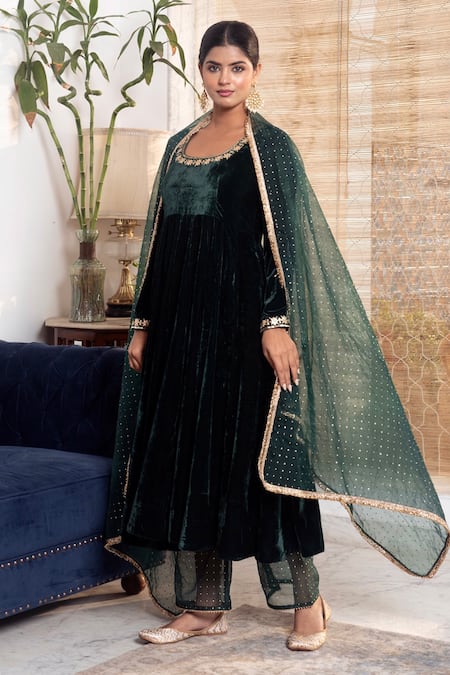 Rivaaj Clothing_Green Organza, Velvet Mirrors, Fringe Round Neck Floral Gota Patti Anarkali Set _at_Aza_Fashions
