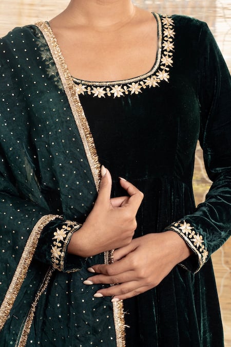 Buy_Rivaaj Clothing_Green Organza, Velvet Mirrors, Fringe Round Neck Floral Gota Patti Anarkali Set 