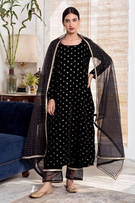 Rivaaj Clothing_Black Organza, Velvet Sequins Round Neck Embroidered Kurta Set _Online_at_Aza_Fashions