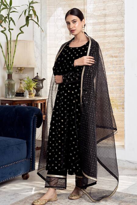 Shop_Rivaaj Clothing_Black Organza, Velvet Sequins Round Neck Embroidered Kurta Set _Online_at_Aza_Fashions
