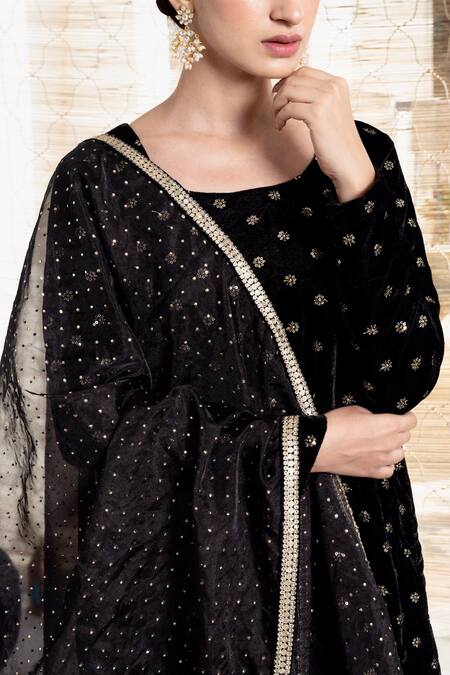 Buy_Rivaaj Clothing_Black Organza, Velvet Sequins Round Neck Embroidered Kurta Set 