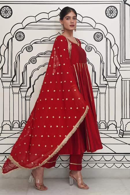 Rivaaj Clothing Maroon Modal, Silk Gota Patti, Zari, Sequins Embroidered Anarkali Set Online at Aza Fashions Rivaaj Clothing_Maroon Modal, Silk Gota Patti, Zari, Sequins Embroidered Anarkali Set _Online_at_Aza_Fashions