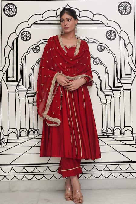 Shop Rivaaj Clothing Maroon Modal, Silk Gota Patti, Zari, Sequins Embroidered Anarkali Set Online at Aza Fashions Shop_Rivaaj Clothing_Maroon Modal, Silk Gota Patti, Zari, Sequins Embroidered Anarkali Set _Online_at_Aza_Fashions