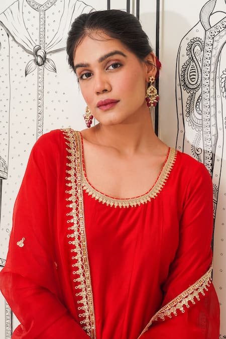 Shop Rivaaj Clothing Red Modal, Silk Gota Patti, Zari, Sequins Scoop Neck Embroidered Anarkali Set Shop_Rivaaj Clothing_Red Modal, Silk Gota Patti, Zari, Sequins Scoop Neck Embroidered Anarkali Set