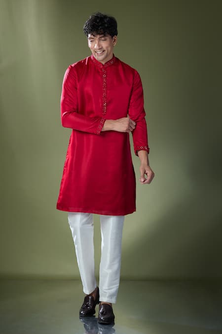 Rng Safawala Red Silk, Cotton Mirrors Embellished Kurta Set Online at Aza Fashions Rng Safawala_Red Silk, Cotton Mirrors Embellished Kurta Set _Online_at_Aza_Fashions