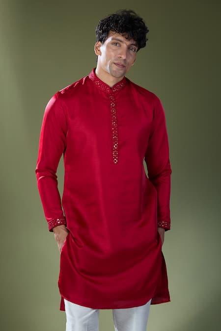 Buy Rng Safawala Red Silk, Cotton Mirrors Embellished Kurta Set Online at Aza Fashions Buy_Rng Safawala_Red Silk, Cotton Mirrors Embellished Kurta Set _Online_at_Aza_Fashions