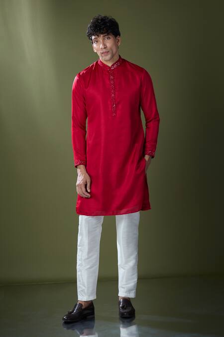 Rng Safawala Red Silk, Cotton Mirrors Embellished Kurta Set at Aza Fashions Rng Safawala_Red Silk, Cotton Mirrors Embellished Kurta Set _at_Aza_Fashions