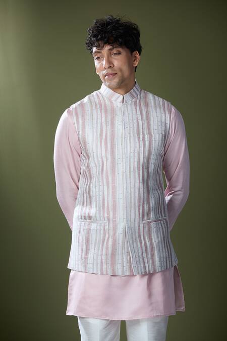 Rng Safawala Pink Silk, Cotton Sequins Geometric Stripe Embroidered Bundi Set Online at Aza Fashions Rng Safawala_Pink Silk, Cotton Sequins Geometric Stripe Embroidered Bundi Set _Online_at_Aza_Fashions