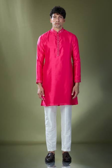 Rng Safawala_Fuchsia Silk, Cotton Mirrors Embroidered Kurta Set With Pant _Online_at_Aza_Fashions