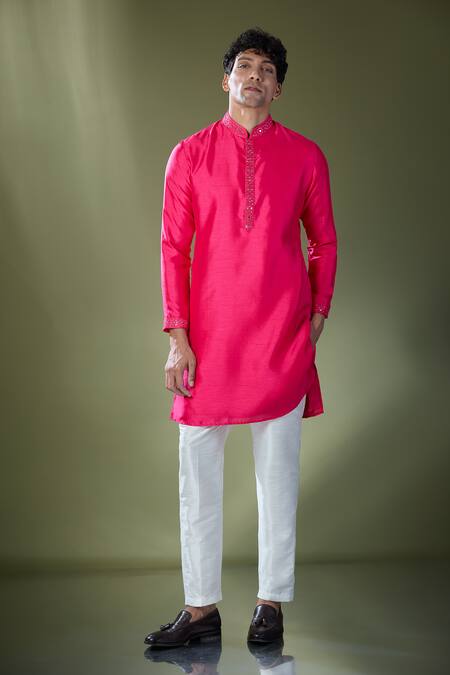 Buy_Rng Safawala_Fuchsia Silk, Cotton Mirrors Embroidered Kurta Set With Pant _Online_at_Aza_Fashions
