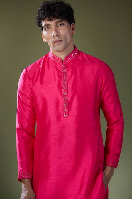 Shop_Rng Safawala_Fuchsia Silk, Cotton Mirrors Embroidered Kurta Set With Pant _Online_at_Aza_Fashions