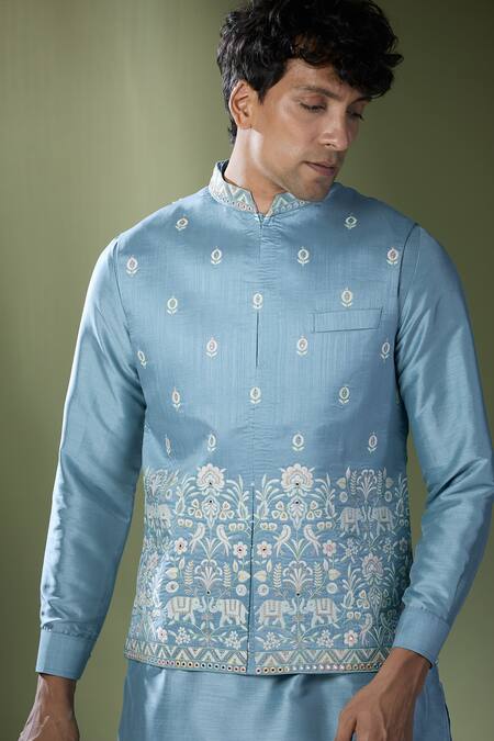Rng Safawala_Blue Silk, Cotton Sequins, Embroidery Bundi And Kurta Set _Online_at_Aza_Fashions