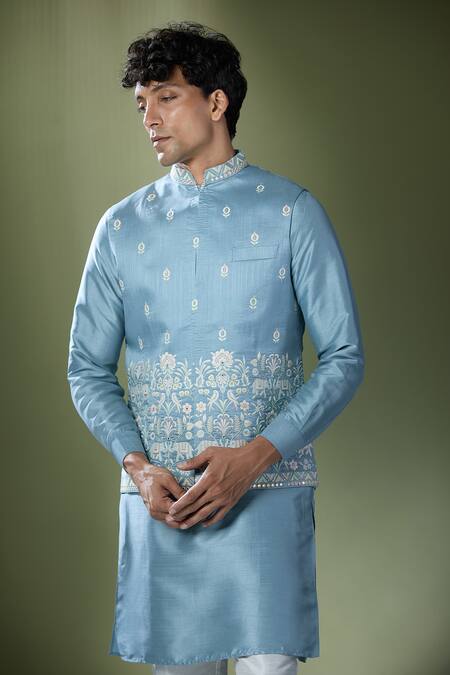 Buy_Rng Safawala_Blue Silk, Cotton Sequins, Embroidery Bundi And Kurta Set _Online_at_Aza_Fashions
