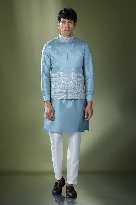 Rng Safawala_Blue Silk, Cotton Sequins, Embroidery Bundi And Kurta Set _at_Aza_Fashions