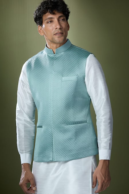 Buy_Rng Safawala_Blue Silk, Denim, Cotton Embroidery Quilted Bundi And Kurta Set _Online_at_Aza_Fashions