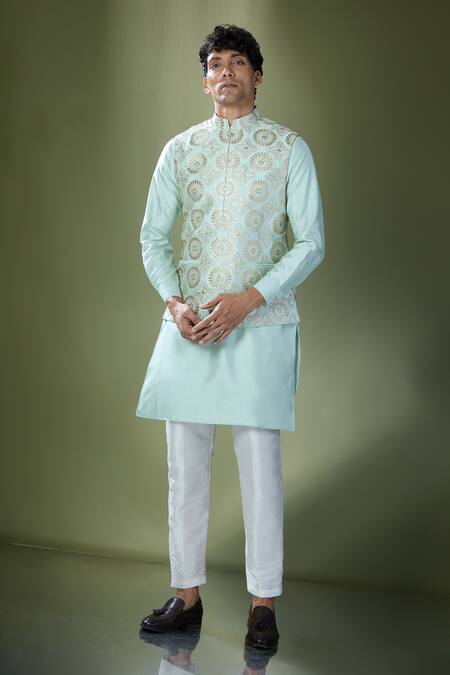 Shop_Rng Safawala_Blue Silk, Cotton Gota Patti Embellished Bundi With Kurta Set _Online_at_Aza_Fashions