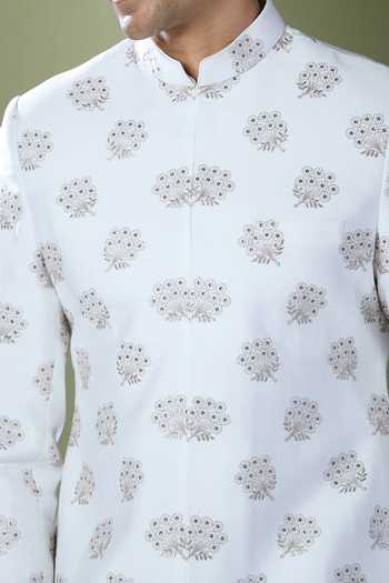 Rng Safawala White Silk, Cotton Embroidery Floral Achkan And Pant Set For Kids Online at Aza Fashions Rng Safawala_White Silk, Cotton Embroidery Floral Achkan And Pant Set For Kids_Online_at_Aza_Fashions