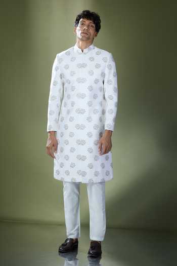 Shop Rng Safawala White Silk, Cotton Embroidery Floral Achkan And Pant Set For Kids Online at Aza Fashions Shop_Rng Safawala_White Silk, Cotton Embroidery Floral Achkan And Pant Set For Kids_Online_at_Aza_Fashions