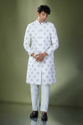 Rng Safawala White Silk, Cotton Embroidery Floral Achkan And Pant Set For Kids at Aza Fashions Rng Safawala_White Silk, Cotton Embroidery Floral Achkan And Pant Set For Kids_at_Aza_Fashions
