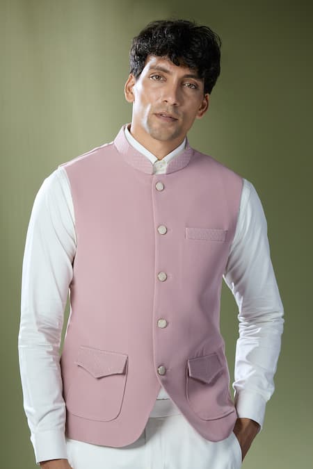 Rng Safawala_Pink Cotton, Silk Embroidery Geometric Stitch Bundi And Pant Set _Online_at_Aza_Fashions