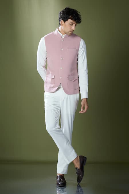 Shop_Rng Safawala_Pink Cotton, Silk Embroidery Geometric Stitch Bundi And Pant Set _Online_at_Aza_Fashions