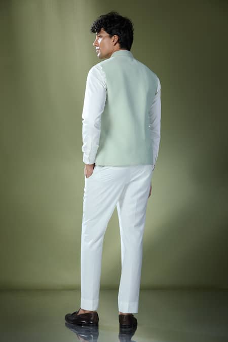 Shop Rng Safawala Green Cotton, Silk Embroidery Geometric Stitch Bundi And Shirt Set at Aza Fashions Shop_Rng Safawala_Green Cotton, Silk Embroidery Geometric Stitch Bundi And Shirt Set _at_Aza_Fashions