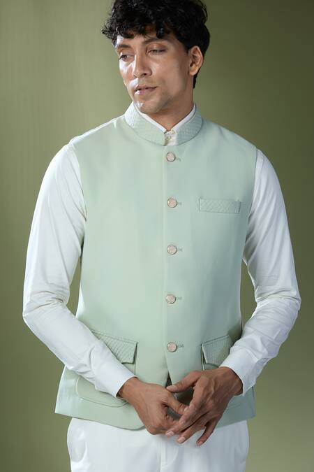 Rng Safawala Green Cotton, Silk Embroidery Geometric Stitch Bundi And Shirt Set Online at Aza Fashions Rng Safawala_Green Cotton, Silk Embroidery Geometric Stitch Bundi And Shirt Set _Online_at_Aza_Fashions