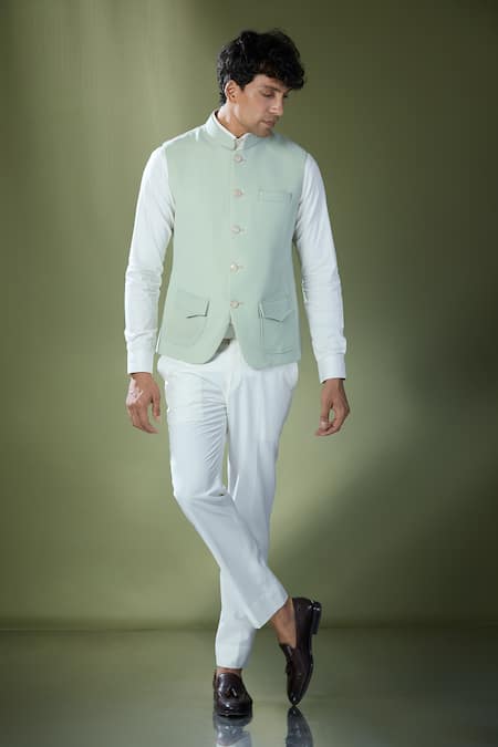 Buy Rng Safawala Green Cotton, Silk Embroidery Geometric Stitch Bundi And Shirt Set Online at Aza Fashions Buy_Rng Safawala_Green Cotton, Silk Embroidery Geometric Stitch Bundi And Shirt Set _Online_at_Aza_Fashions