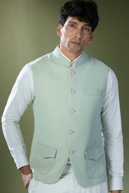 Shop Rng Safawala Green Cotton, Silk Embroidery Geometric Stitch Bundi And Shirt Set Online at Aza Fashions Shop_Rng Safawala_Green Cotton, Silk Embroidery Geometric Stitch Bundi And Shirt Set _Online_at_Aza_Fashions