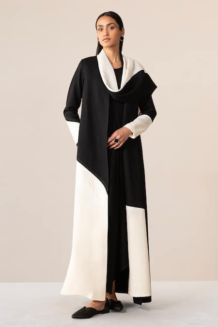 Ampm_Black Wool 140gm Cord Work Open Aairah Colorblock Draped Jacket_Online_at_Aza_Fashions