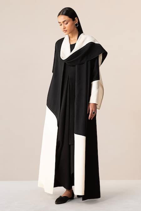Buy_Ampm_Black Wool 140gm Cord Work Open Aairah Colorblock Draped Jacket_Online_at_Aza_Fashions