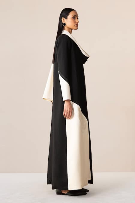 Ampm_Black Wool 140gm Cord Work Open Aairah Colorblock Draped Jacket_at_Aza_Fashions