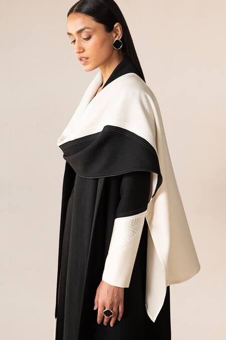 Buy_Ampm_Black Wool 140gm Cord Work Open Aairah Colorblock Draped Jacket