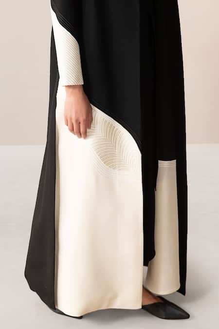 Shop_Ampm_Black Wool 140gm Cord Work Open Aairah Colorblock Draped Jacket
