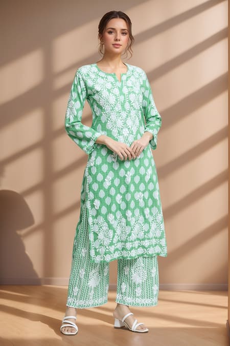 Samyukta Singhania Green Glazed Cotton Embroidered Thread Notched Floral Printed Kurta And Pant Set 