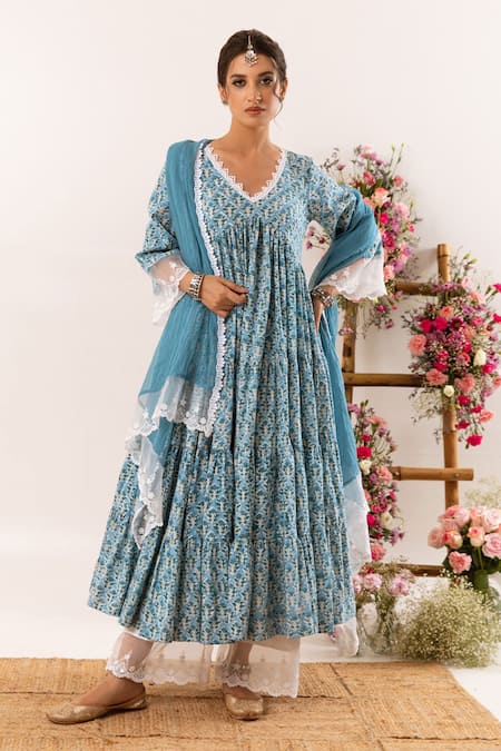 Rivaaj Clothing Acanthus Bloom Handblock Print Tiered Anarkali Set 