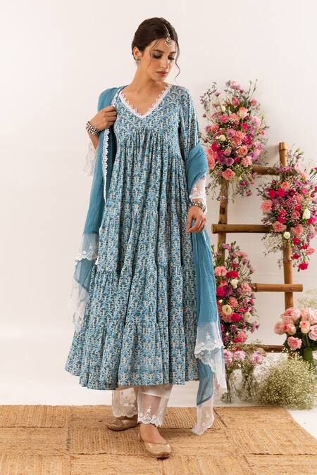 Shop_Rivaaj Clothing_Green Cotton, Kota Doria Lace V-neck Acanthus Bloom Anarkali Set With Palazzo _Online_at_Aza_Fashions