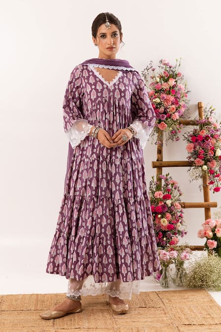 Rivaaj Clothing Ornate Bloom Handblock Print Anarkali Set 