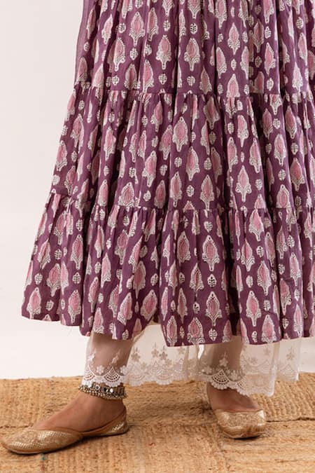Rivaaj Clothing_Purple Cotton, Kota Doria Lace V-neck Ornate Bloom Handblock Print Anarkali Set _Online_at_Aza_Fashions