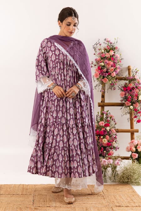 Buy_Rivaaj Clothing_Purple Cotton, Kota Doria Lace V-neck Ornate Bloom Handblock Print Anarkali Set _Online_at_Aza_Fashions