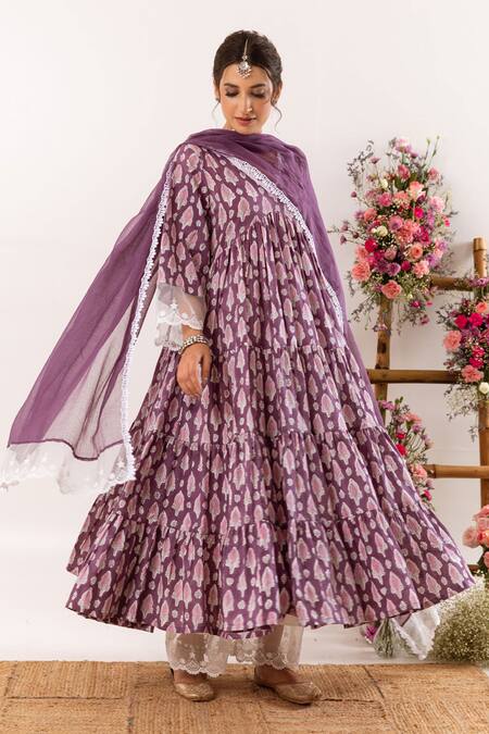 Shop_Rivaaj Clothing_Purple Cotton, Kota Doria Lace V-neck Ornate Bloom Handblock Print Anarkali Set _Online_at_Aza_Fashions