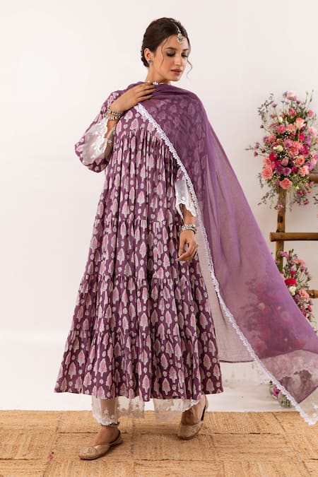 Rivaaj Clothing_Purple Cotton, Kota Doria Lace V-neck Ornate Bloom Handblock Print Anarkali Set _at_Aza_Fashions