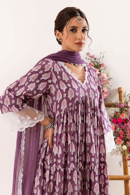 Buy_Rivaaj Clothing_Purple Cotton, Kota Doria Lace V-neck Ornate Bloom Handblock Print Anarkali Set 