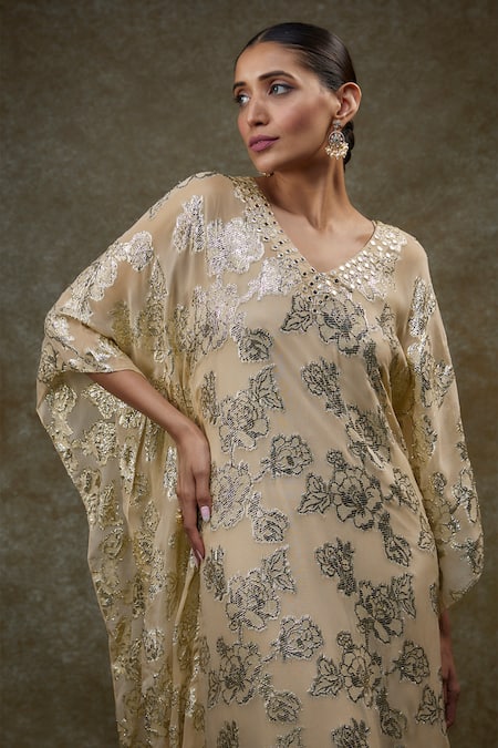 Kriti Bapna_Beige Georgette Mirrors, Embroidery V-neck Floral Kaftan _Online_at_Aza_Fashions