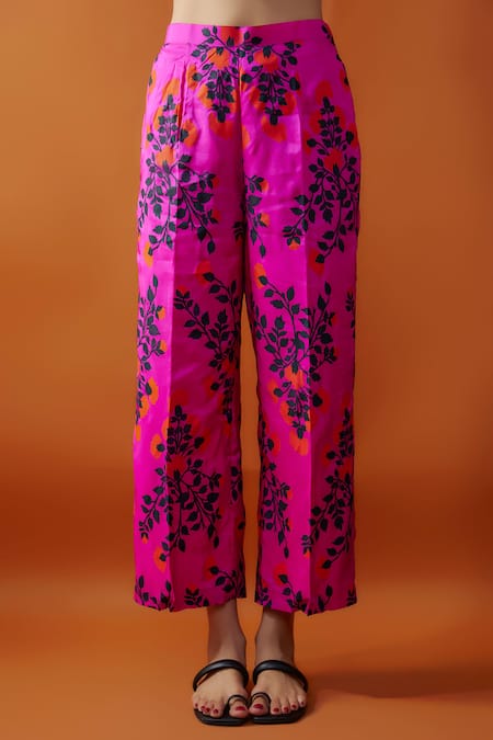 Kriti Bapna_Pink Silk, Linen Round Neck Floral Print Pant And Slit Sleeve Top Set _Online_at_Aza_Fashions