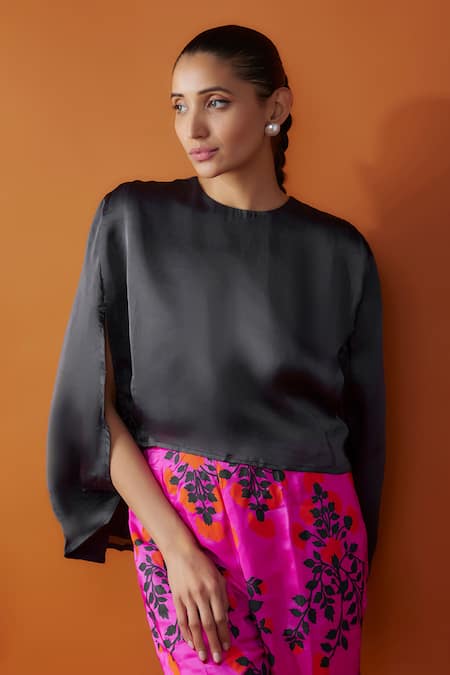 Buy_Kriti Bapna_Pink Silk, Linen Round Neck Floral Print Pant And Slit Sleeve Top Set _Online_at_Aza_Fashions