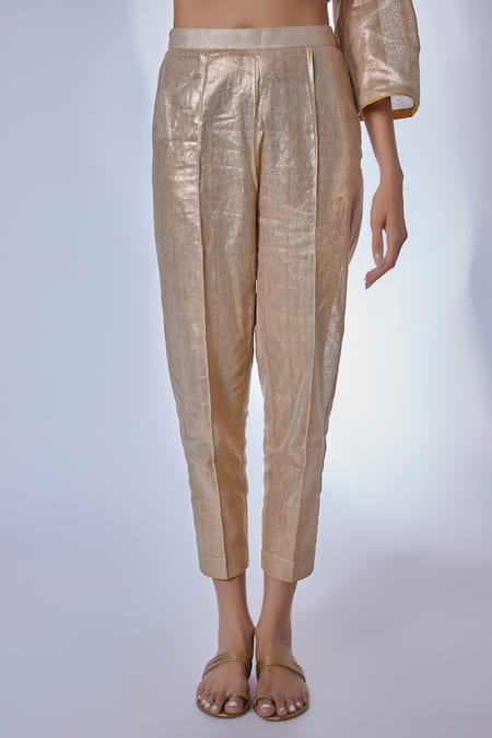 Kriti Bapna_Gold Cotton, Viscose, Organza Cut Work, Embroidery Split Cutwork Kurta Set _Online_at_Aza_Fashions