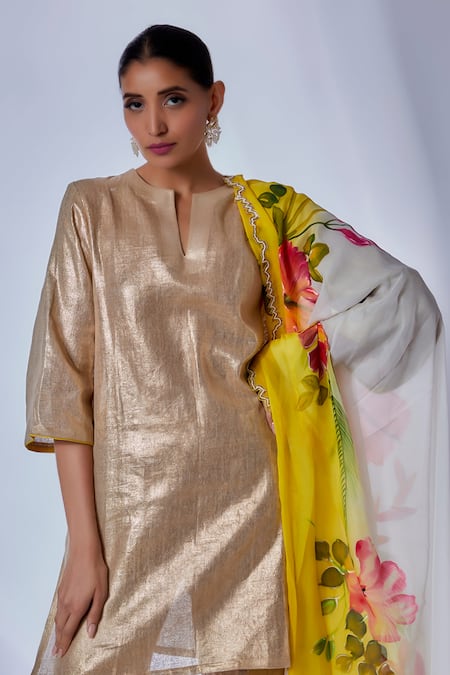Buy_Kriti Bapna_Gold Cotton, Viscose, Organza Cut Work, Embroidery Split Cutwork Kurta Set _Online_at_Aza_Fashions